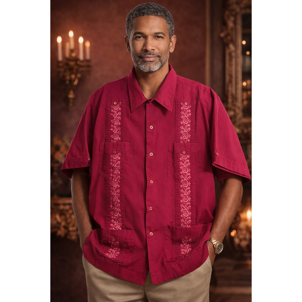 Men's Guayabera Shirt‎ SZ LG Habana by Haband Red Embroidered Short Sleeve Cuban